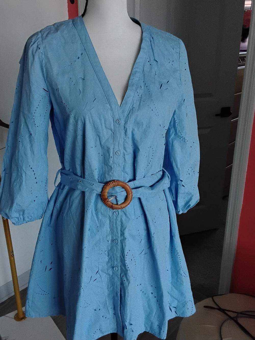 NWOT!! Zara Sky Blue Eyelet Button Mini Dress with Woven Buckle